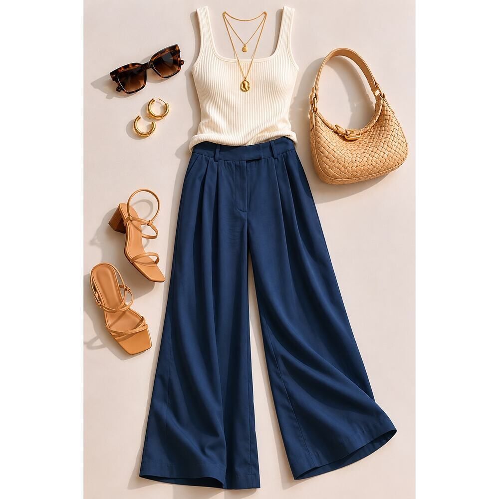 The Drop Navy Teal Blue Wide Leg Trouser Pants XL Elegant Minimalist